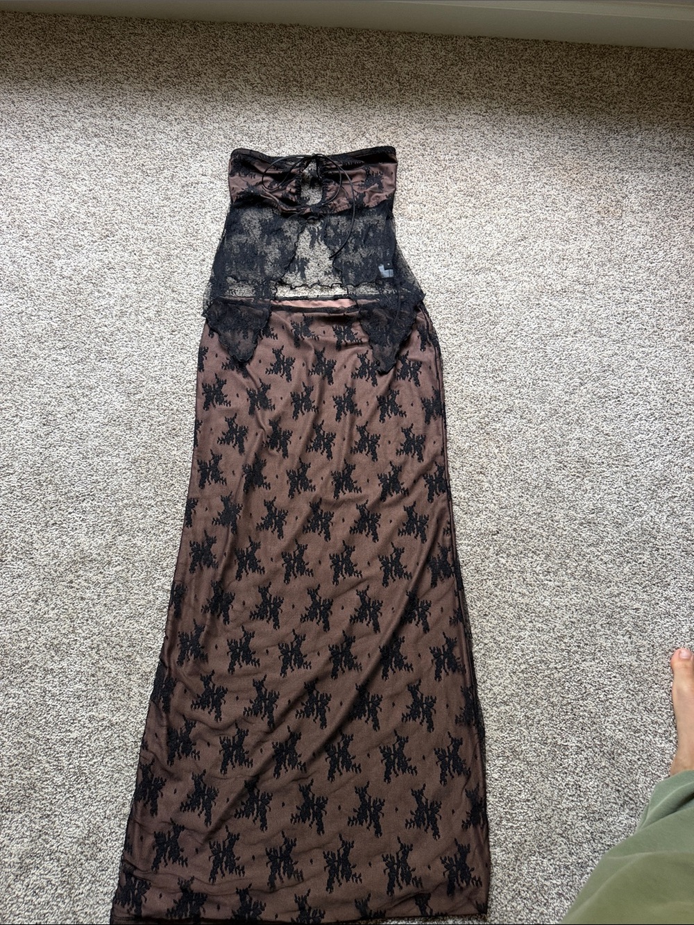 Tiger Mist Brown Maxi Skirt with Black Lace Overlay